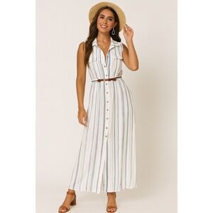 Ryan Michelle Striped Sleeveless Maxi Shirtdress Button Belted Size‎ L Womens